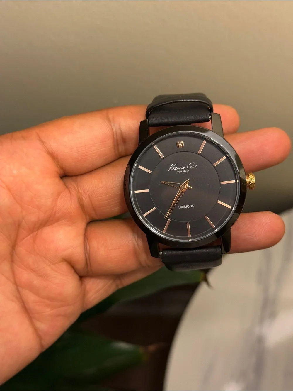 Kenneth Cole New York Black Dial Black Leather Strap Watch with Gold Accents men